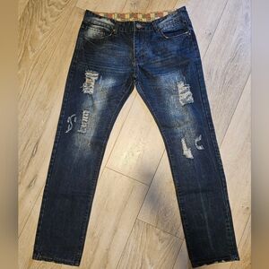 Sosoo-Jeans Distressed Straight Leg Jeans Men's Size 36 Dark Wash